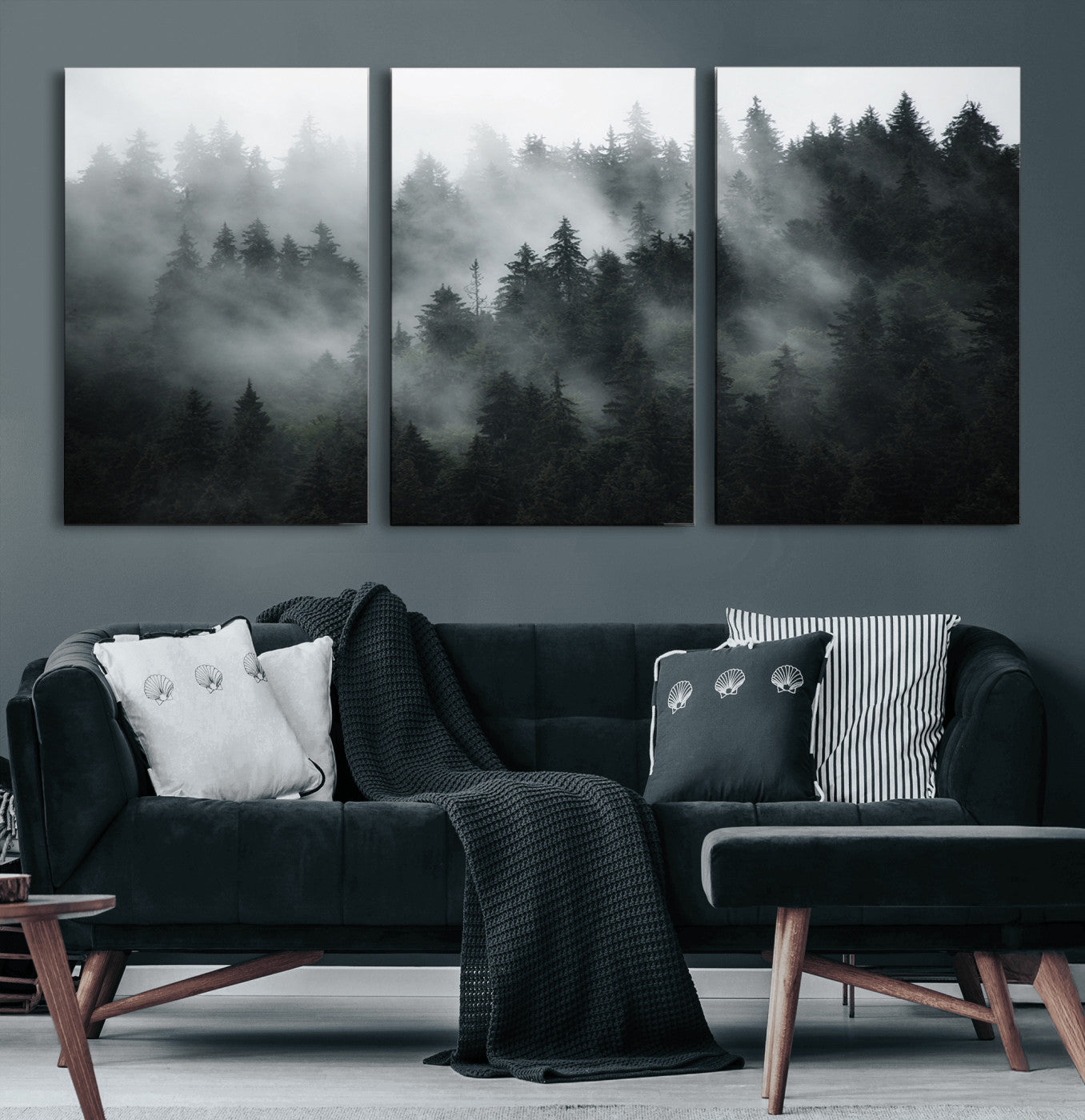 52359-MGV-CV-60X30-3P-Foggy Forest Wall Art Canvas Print | 3 Panel Large Misty Landscape for Dining Room, Office, or