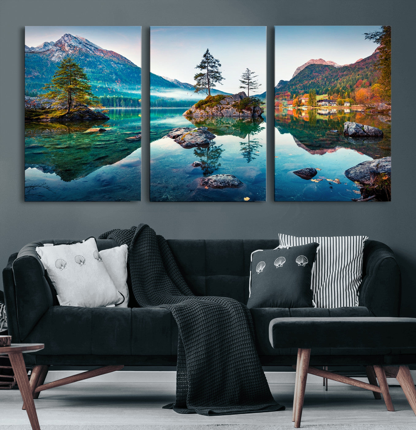 55009-MGV-CV-60X30-3P-Crystal Clear Lake Wall Art | Mountains Wall Art Canvas | 3 Panel Large Landscape Print for Dining