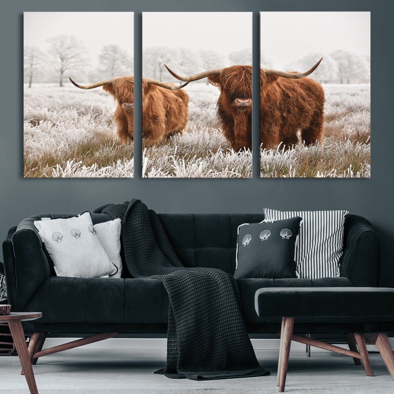 60379-MGV-CV-60X30-3P-Longhorn Cattle Wall Art Canvas Print, Framed Farmhouse Style Art Picture Print, Rustic Cow Perfect Rustic Farmhouse Decor Artwork