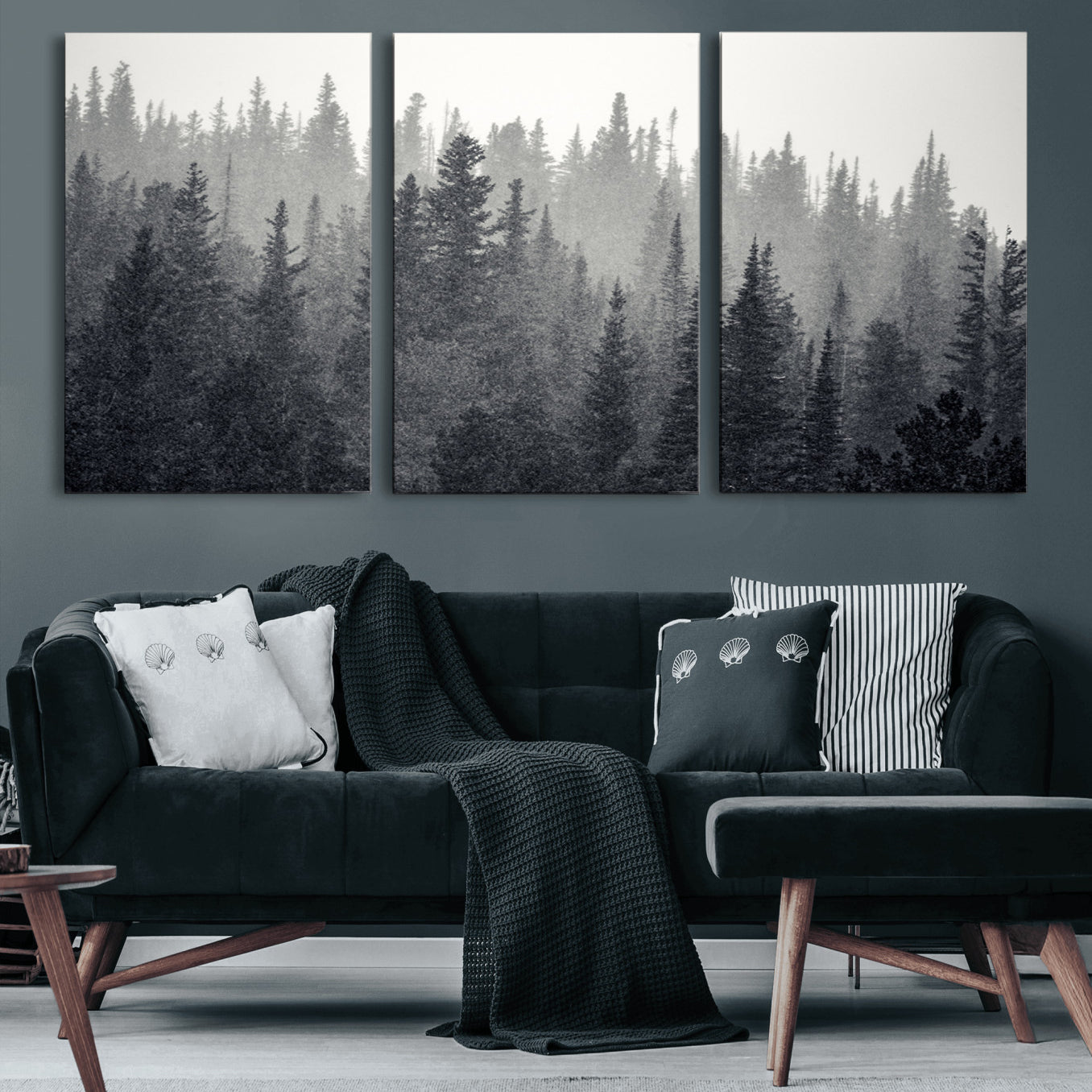 92450-MGV-CV-60X30-3P-Misty Forest Canvas Wall Art – Monochrome Triptych Pine Tree Print – Nature-Inspired Home Decor –