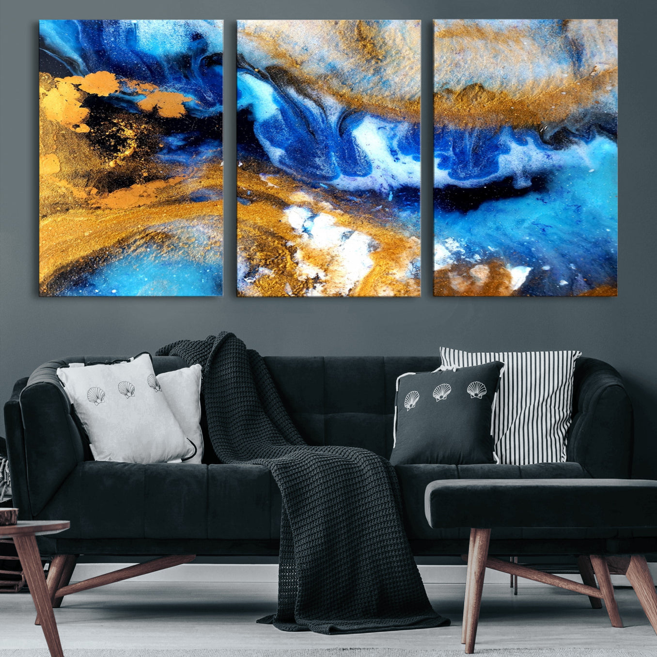 42100-MGV-CV-60X30-3P-Blue Orange Marble Fluid Effect Canvas Wall Art Print