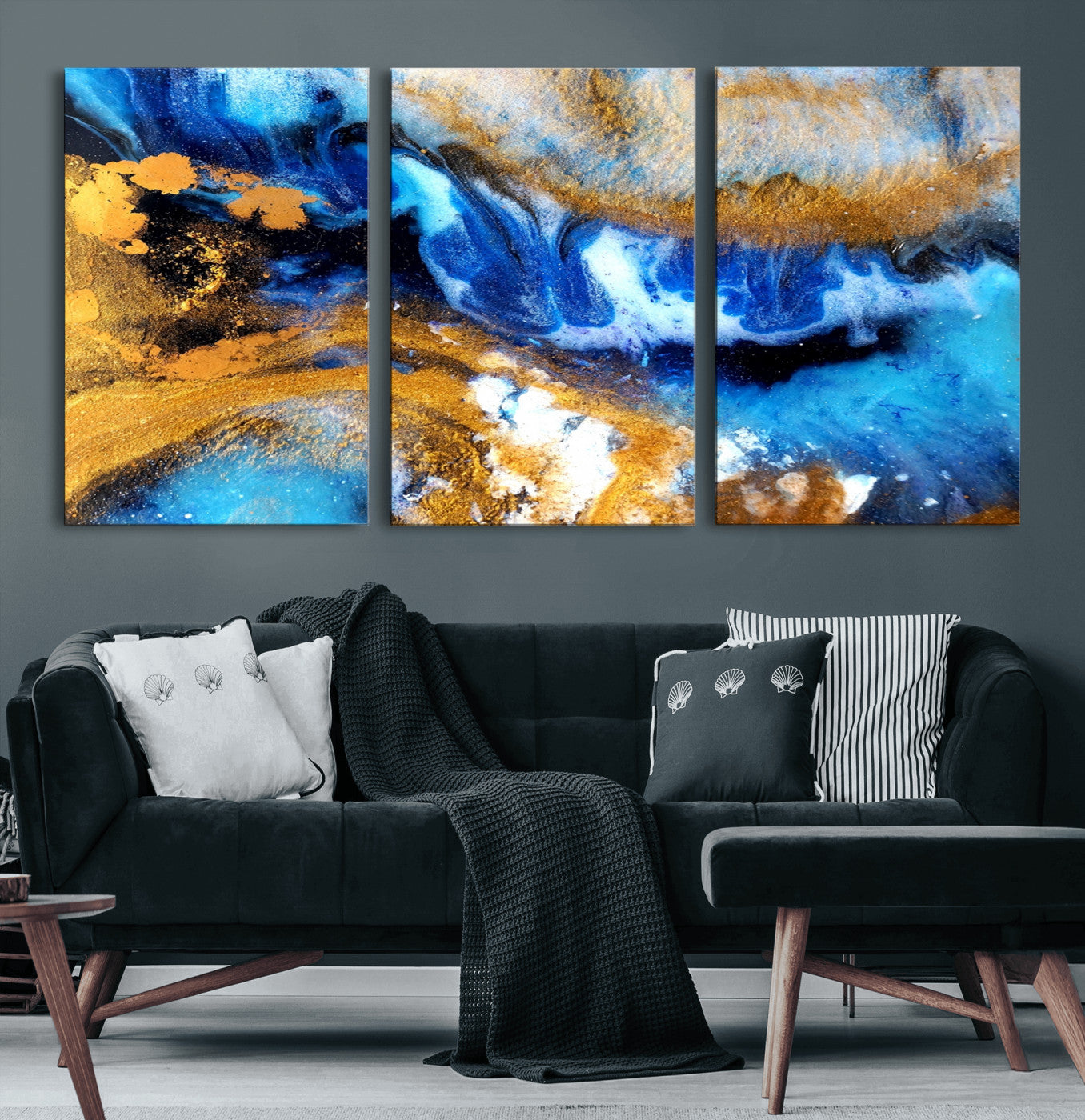 42100-MGV-CV-60X30-3P-Blue Orange Marble Fluid Effect Canvas Wall Art Print