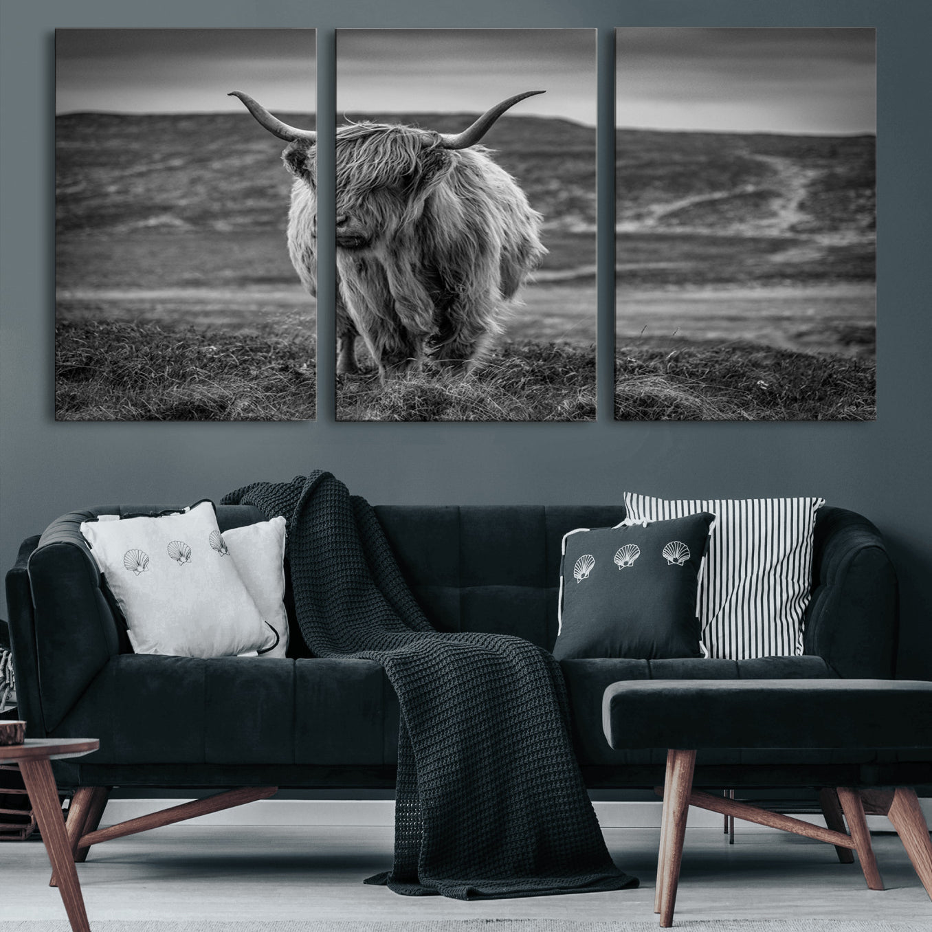 -Fluffy Cattle Wall Art Print, Highland Cow Canvas, Framed Black and white Wall Art