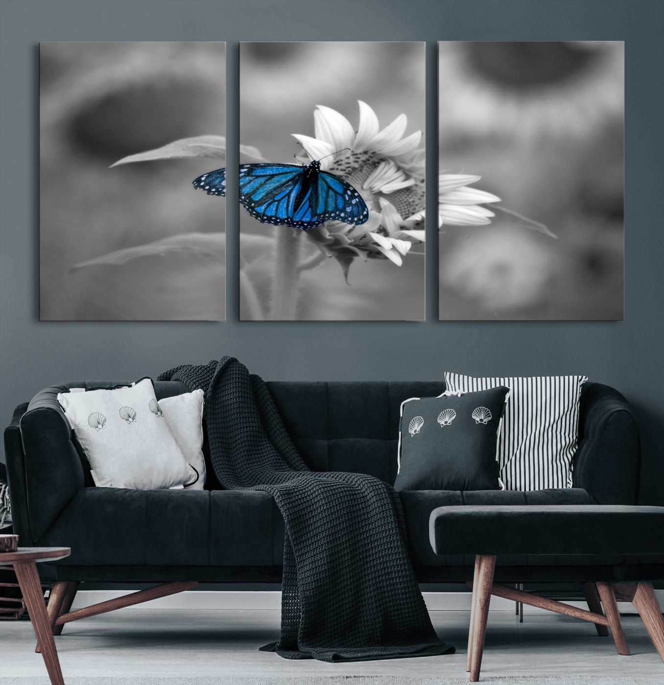 -Blue Butterfly Black and White Canvas Wall Art