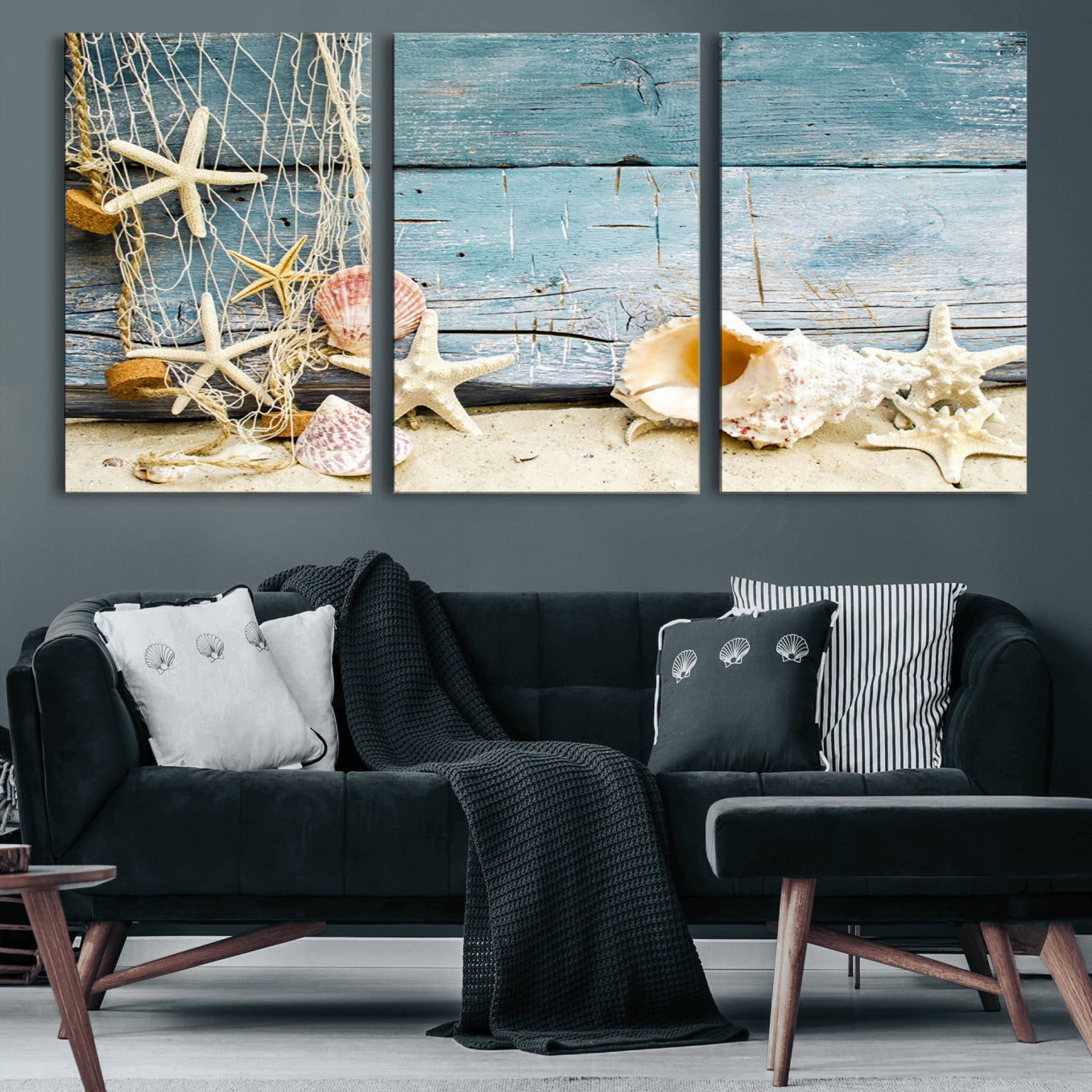 88448-MGV-CV-60X30-3P-Seashells on Rustic Wooden Background, Seashells Wall Art Canvas Print