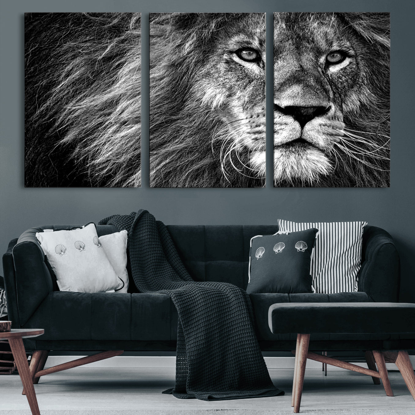 58363-MGV-CV-60X30-3P-Black and White Lion Canvas Wall Art Print – Wildlife Portrait Artwork for Home, Office, Living Room, Guest Room