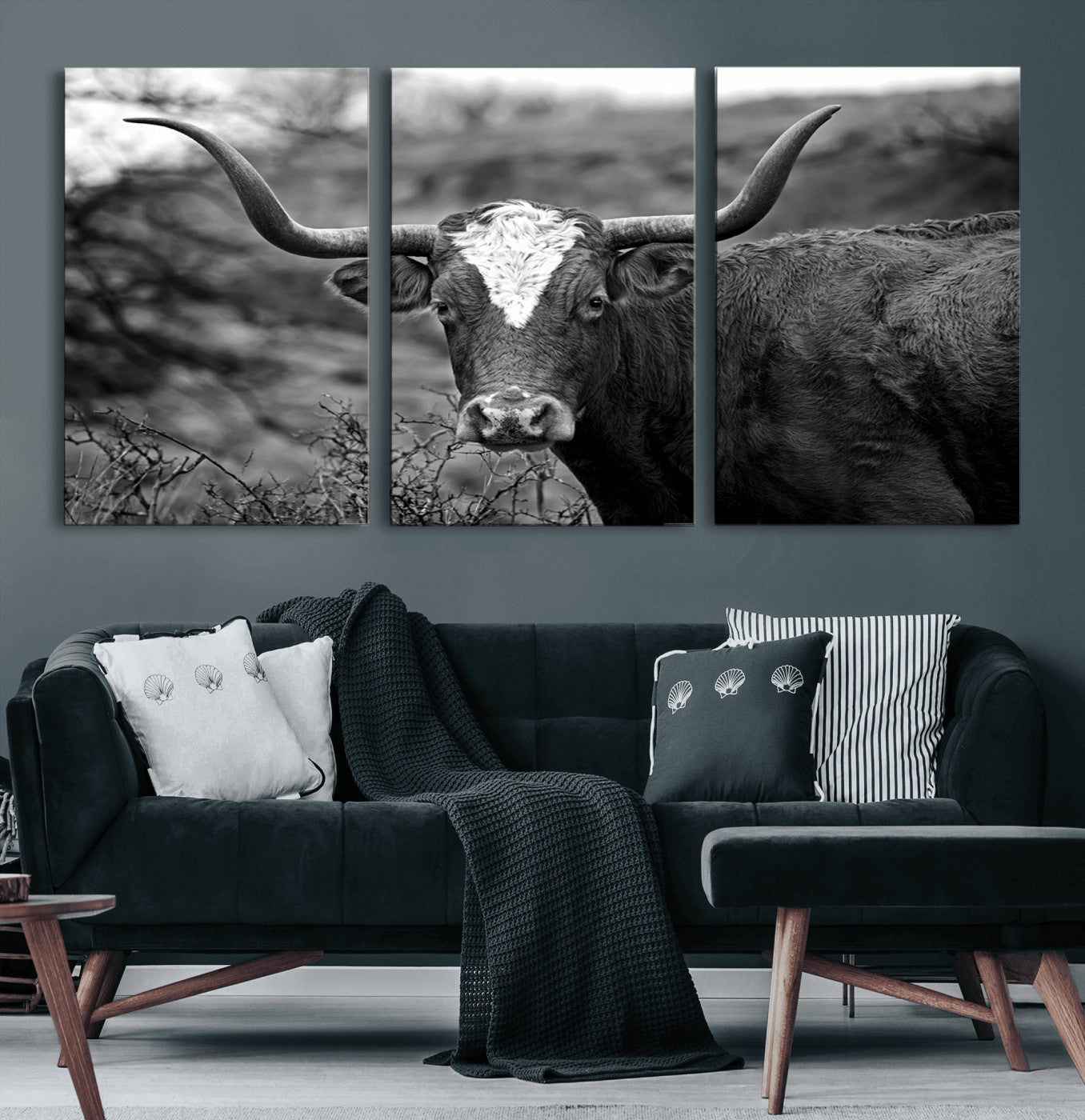 76200-MGV-CV-60X30-3P-Western Home Wall Art Canvas Print, Framed Texas Longhorn Art Picture Print, Rustic Cow Perfect Rustic Farmhouse Decor Artwork