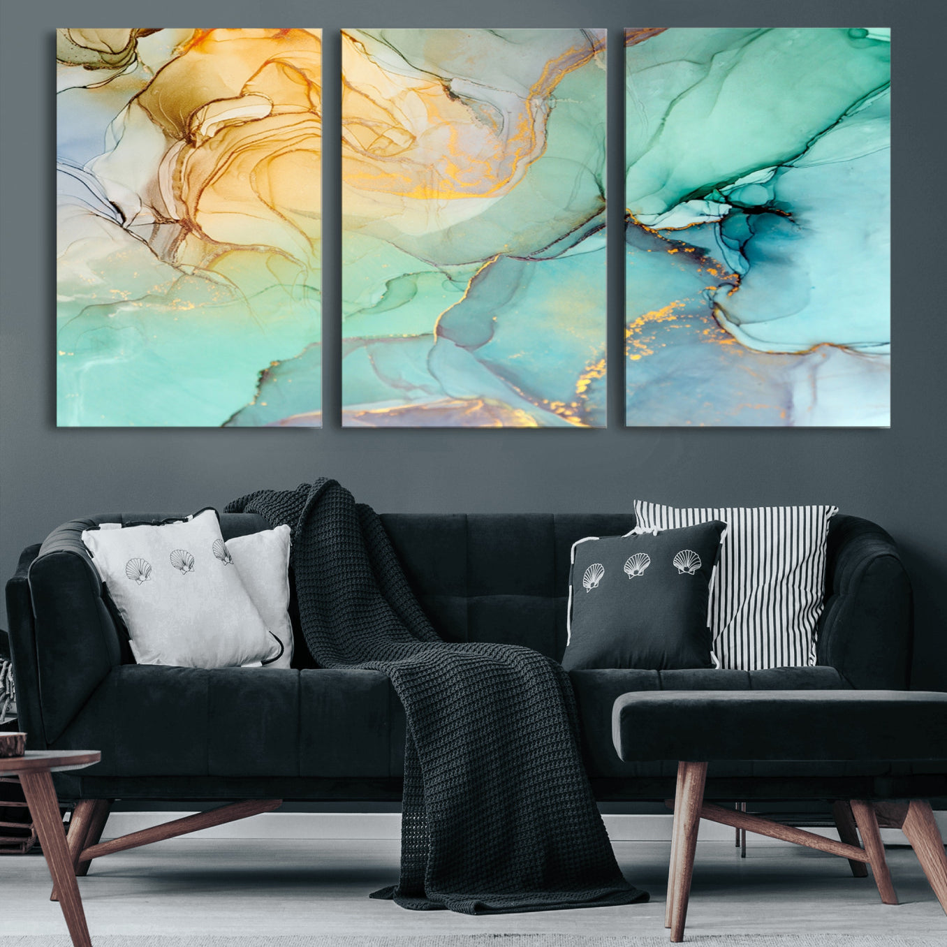 84233-MGV-CV-60X30-3P-Abstract Aqua and Gold Fluid Wall Art Canvas | 3 Panel Large Canvas Print for Living Room, Office,