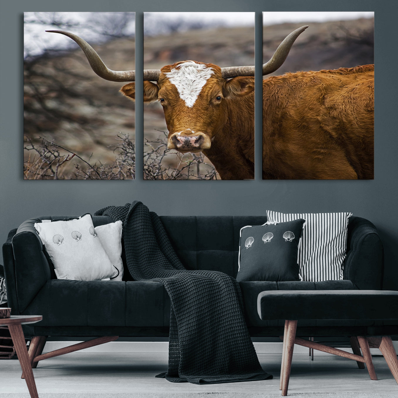 71797-MGV-CV-60X30-3P-Framed Big Cow Animal Wall Art Canvas Print