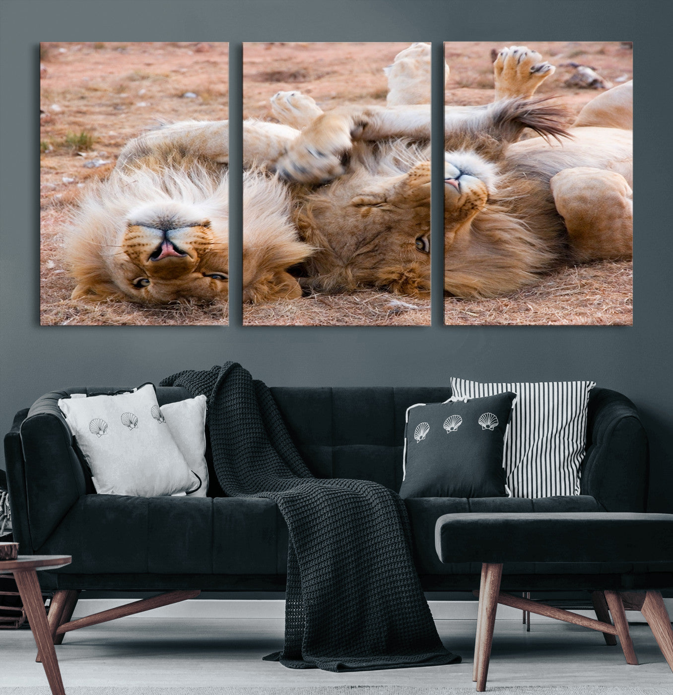 62598-MGV-CV-36X24-Lion Pair Wall Art Canvas Print – Framed Wildlife Scene with Playful Lions Artwork for Home, Office, Living Room