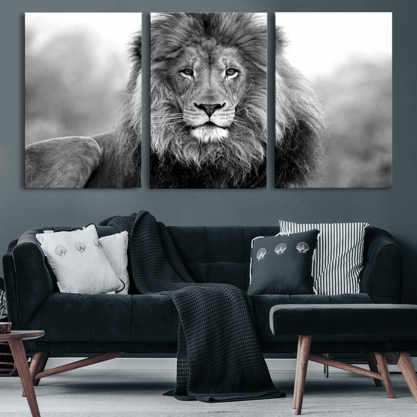 91590-MGV-CV-60X30-3P-Black and White Lion Canvas Wall Art – Animal Print Artwork for Home, Office, Living Room, Guest Room