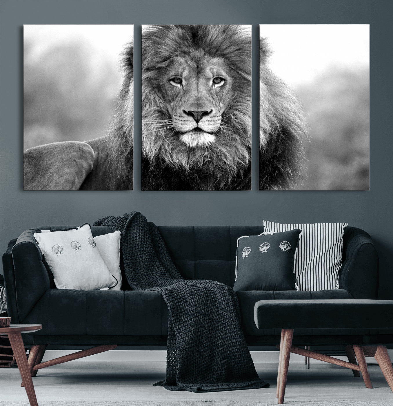 91590-MGV-CV-60X30-3P-Black and White Lion Canvas Wall Art – Animal Print Artwork for Home, Office, Living Room, Guest Room