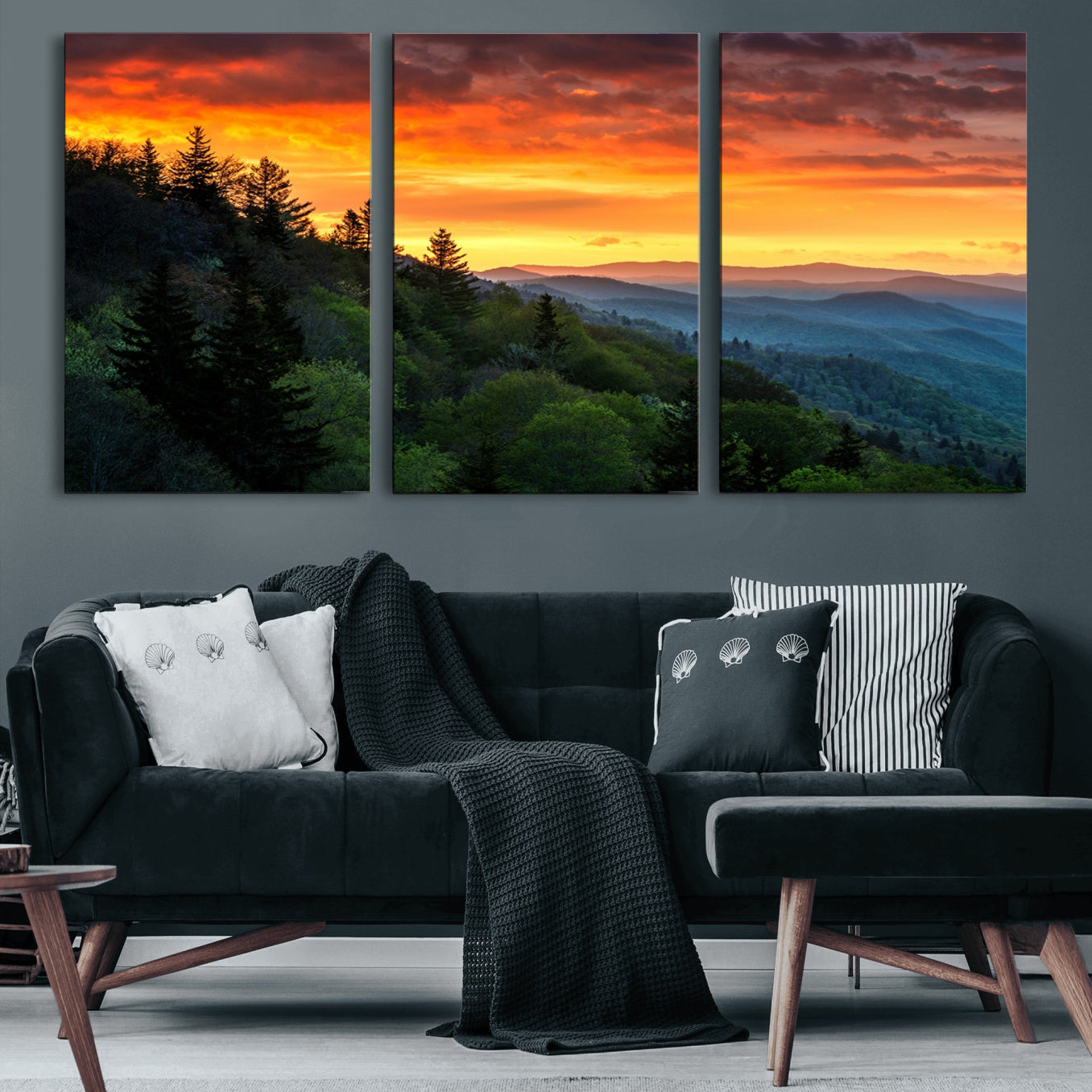 28501-MGV-CV-60X30-3P-Great Smoky Mountains Sunset Wall Art Canvas Print | 3 Panel Large Nature Landscape Photography for