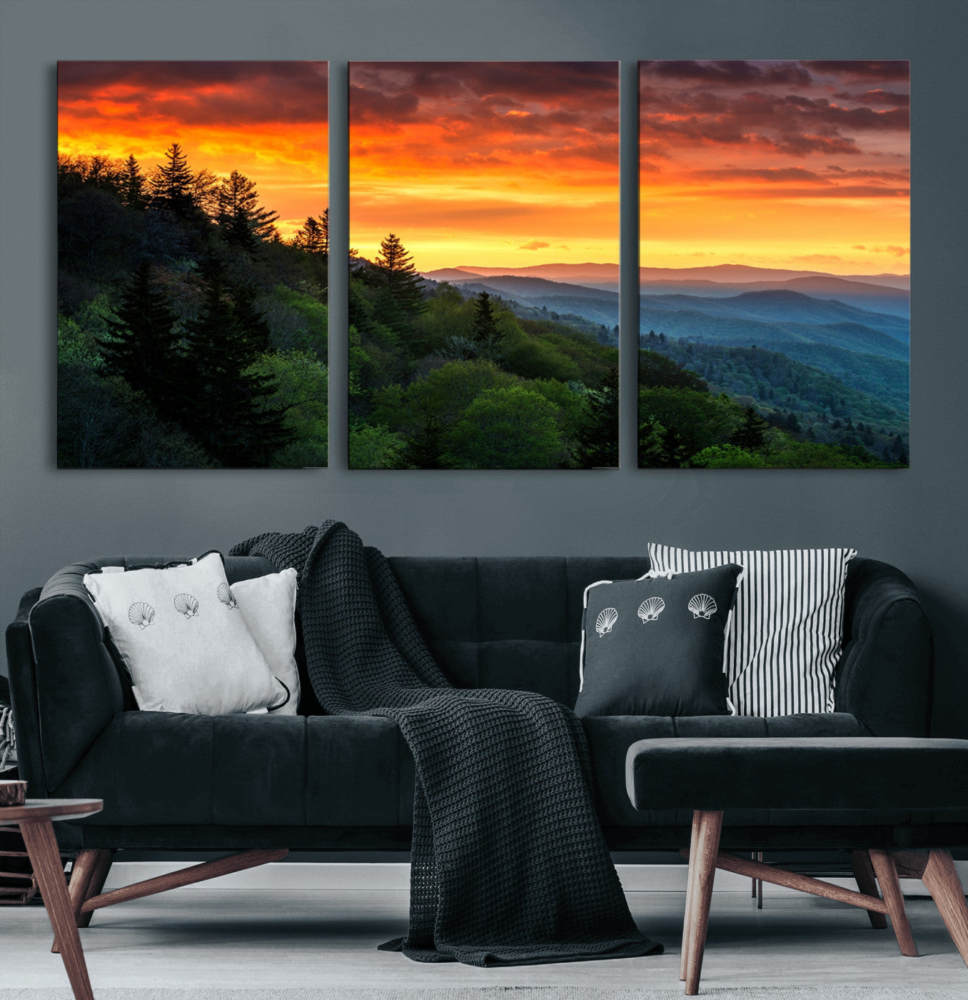 28501-MGV-CV-60X30-3P-Great Smoky Mountains Sunset Wall Art Canvas Print | 3 Panel Large Nature Landscape Photography for
