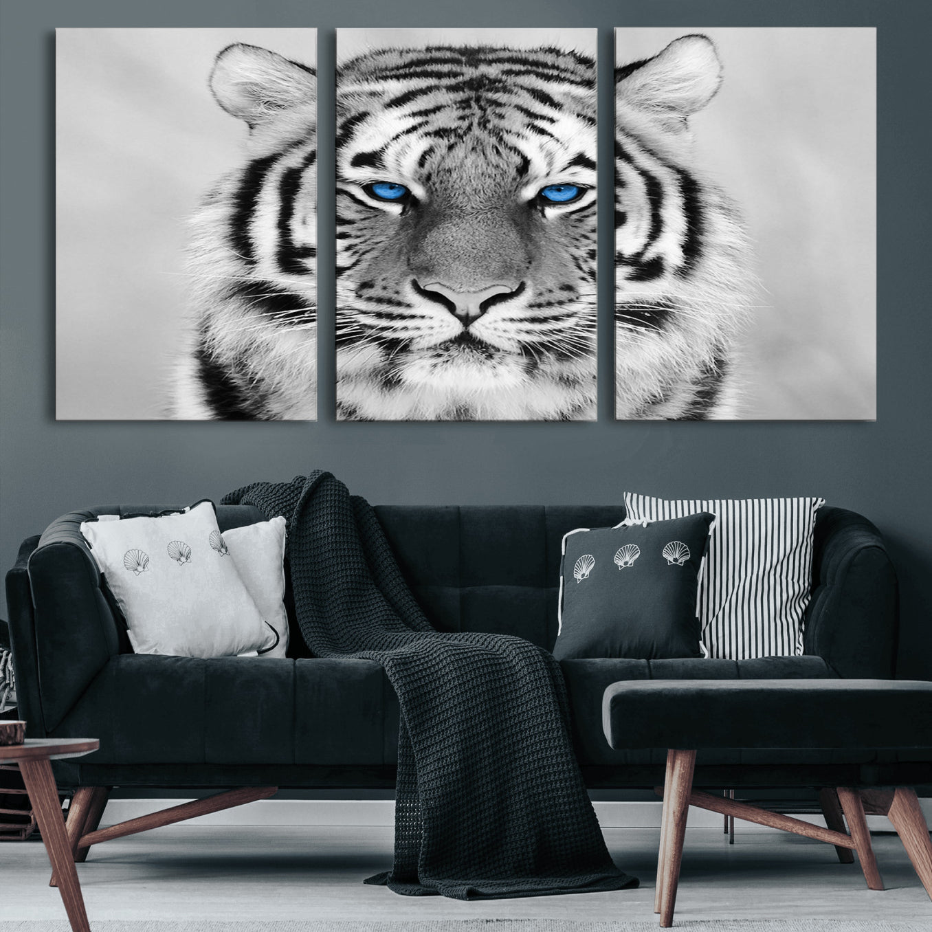 59121-MGV-CV-60X30-3P-Black and White Tiger Wall Art Animal Canvas Print