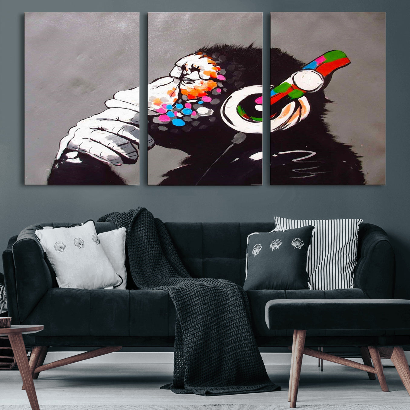 56887-MGV-CV-60X30-3P-Dj Monkey Listening to Music Wall Art Print | Banksy Monkey Large Canvas Print for Living Room,