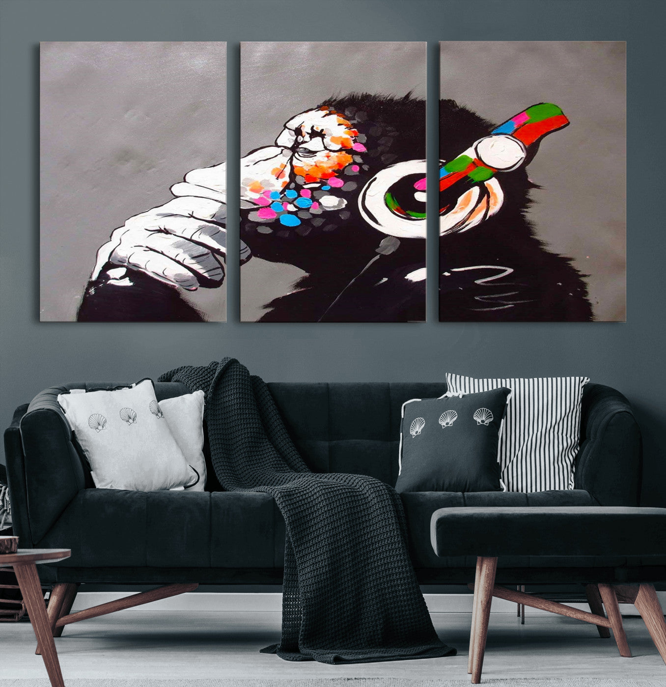 56887-MGV-CV-60X30-3P-Dj Monkey Listening to Music Wall Art Print | Banksy Monkey Large Canvas Print for Living Room,