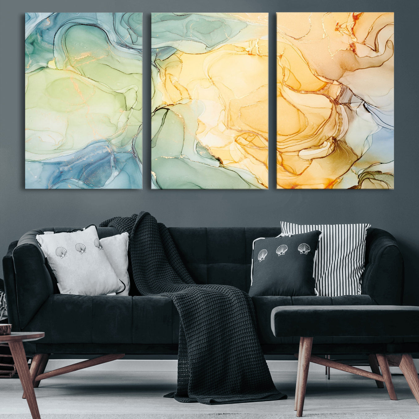 42195-MGV-CV-60X30-3P-Green and Yellow Marble Fluid Effect Wall Art, Green and Yellow Marble Canvas Wall Art Print