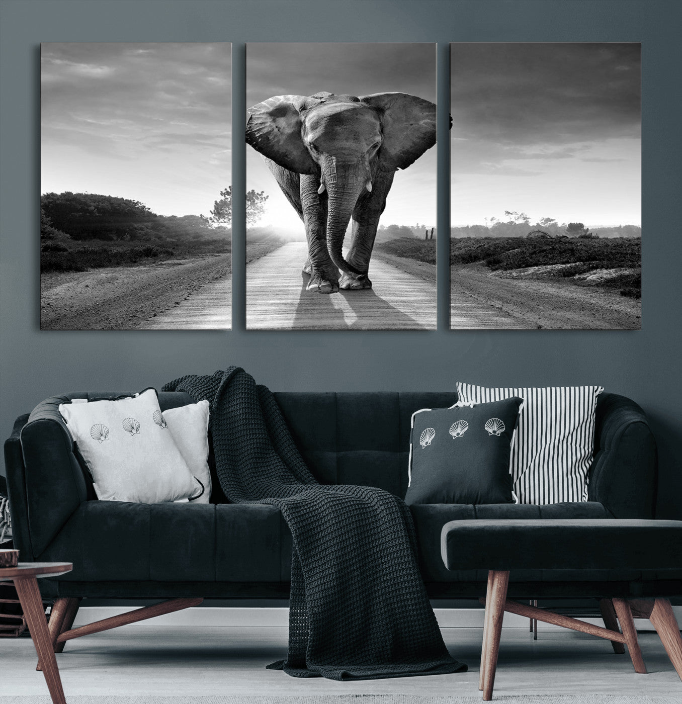 56739-MGV-CV-60X30-3P-Black and White Elephant Wall Art Canvas Print