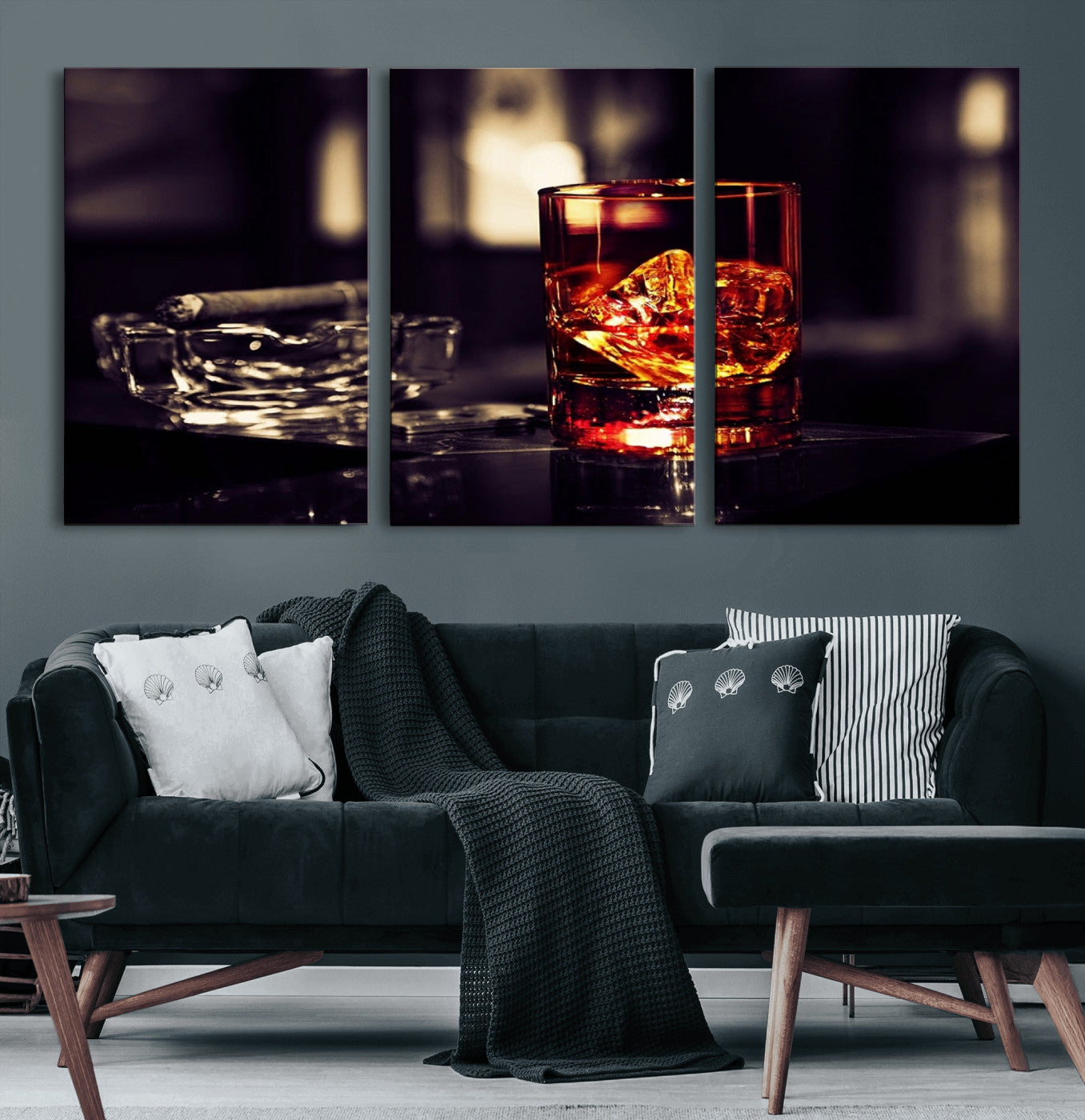 40315-MGV-CV-60X30-3P-Whiskey and Cigar Canvas – Luxurious Wall Art for Home or Bar – Glass and Cigar Scene Print Canvas