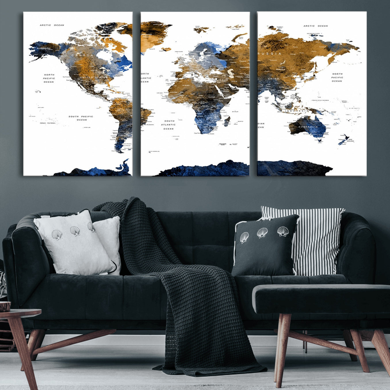 32677-MGV-CV-60X30-3P-Modern Abstract World Map Canvas Wall Art – Framed Blue and Gold Map Print, Elegant Contemporary Travel Decor for Home and Office Walls