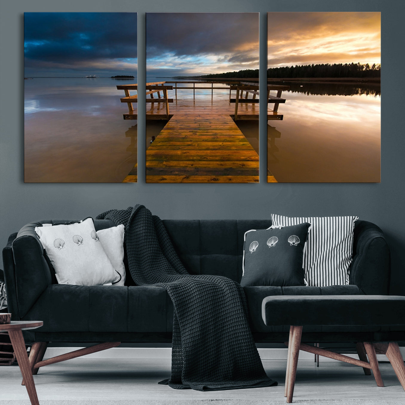 -Serene Lake Pier at Sunset Canvas Print | Landscape Canvas Print | Ready to Hang and Framed Wall Art