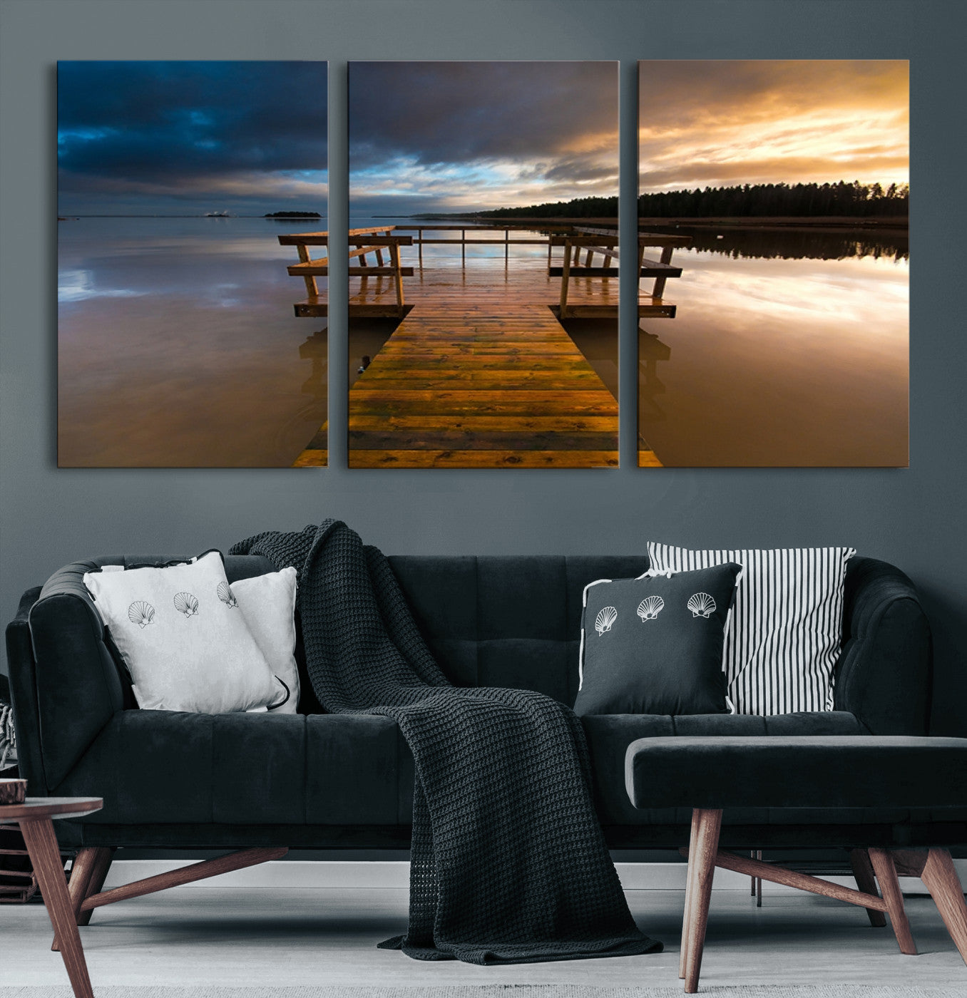 -Serene Lake Pier at Sunset Canvas Print | Landscape Canvas Print | Ready to Hang and Framed Wall Art
