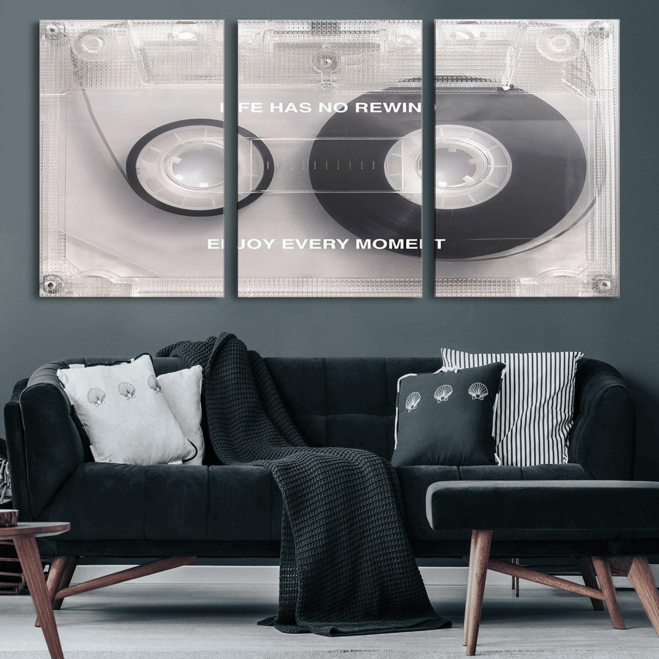 54028-MGV-CV-60X30-3P-Vintage Cassette Tape Canvas Wall Art - Inspirational 'Life Has No Rewind' Quote, Retro Music Decor