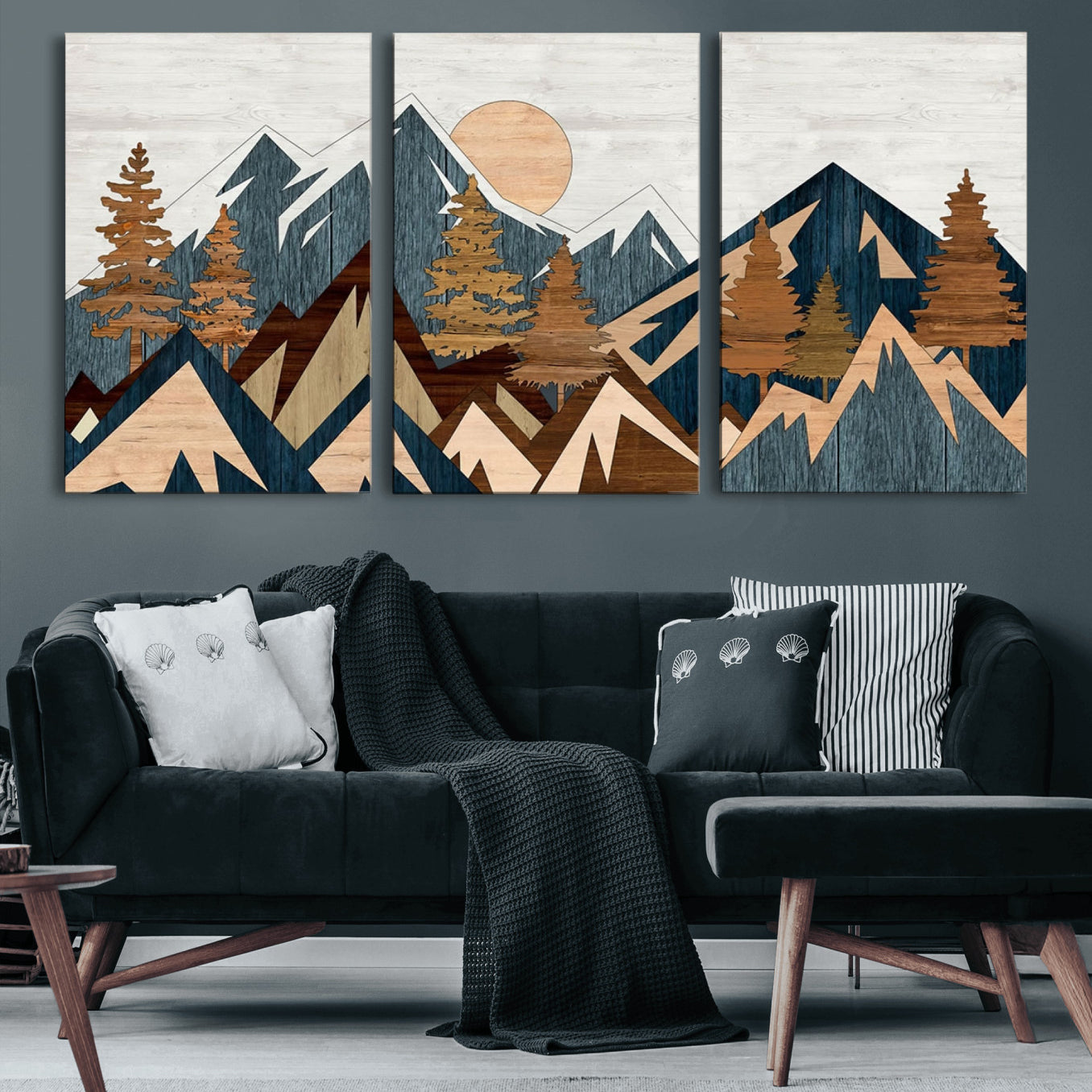 91467-MGV-CV-60X30-3P-Abstract Wood Panel Effect Mountain Range Top Wall Art Canvas Print