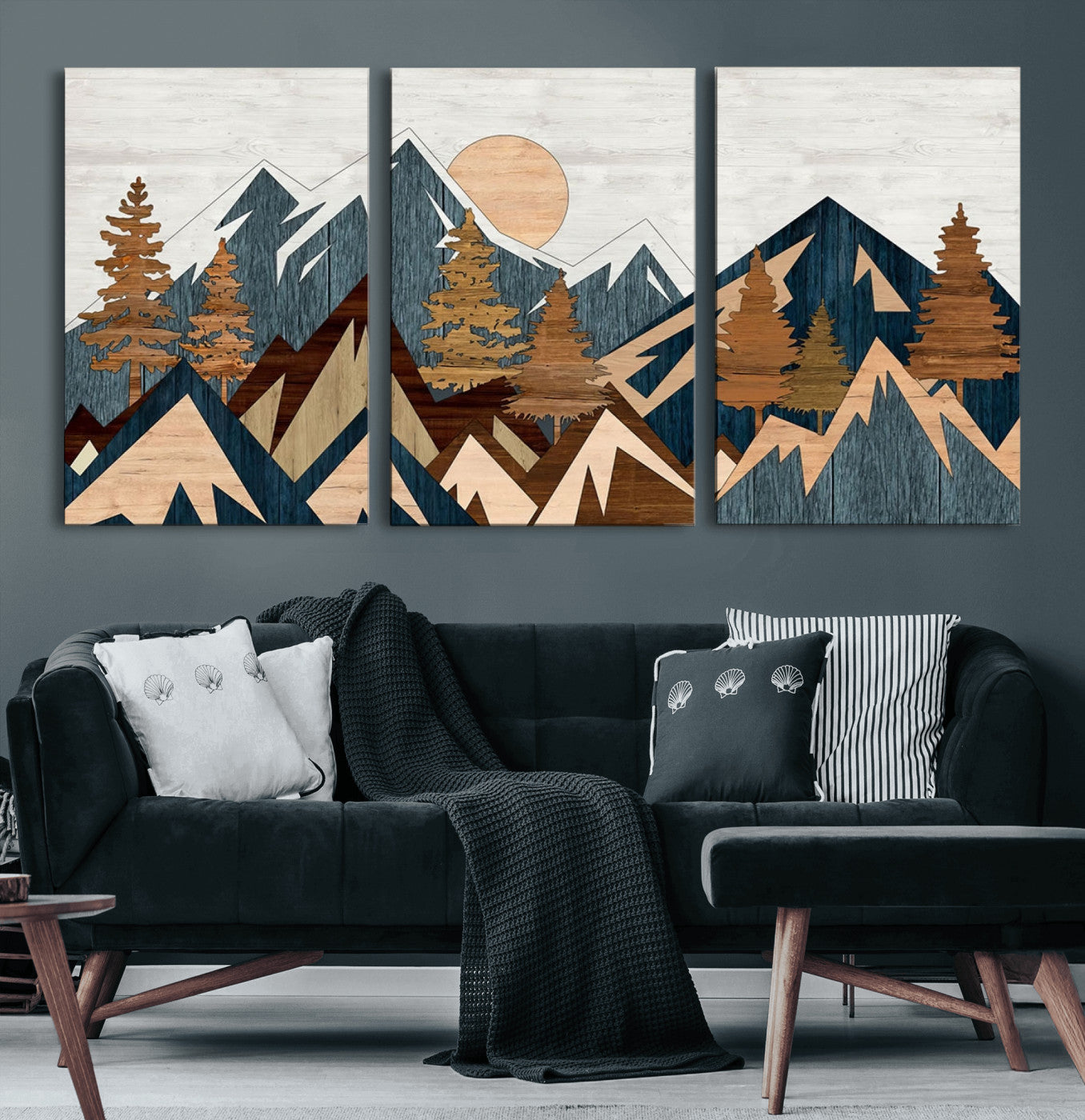 91467-MGV-CV-60X30-3P-Abstract Wood Panel Effect Mountain Range Top Wall Art Canvas Print