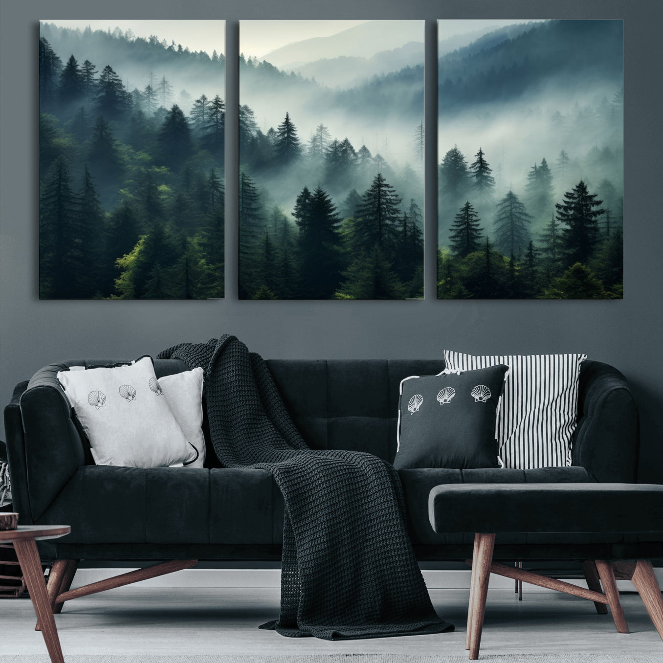 17687-MGV-CV-60X30-3P-Captivating Misty Forest Wall Art Premium Canvas Print a Foggy and Serene Atmosphere Art