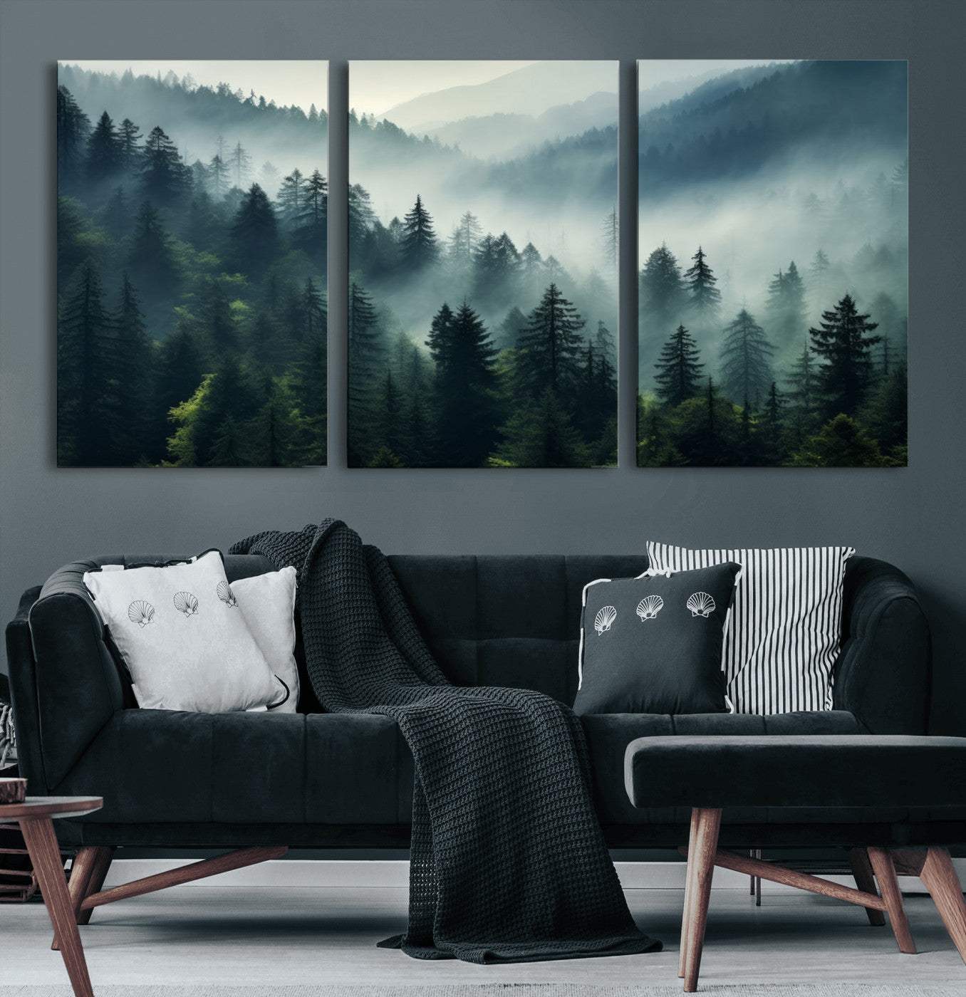 17687-MGV-CV-60X30-3P-Captivating Misty Forest Wall Art Premium Canvas Print a Foggy and Serene Atmosphere Art