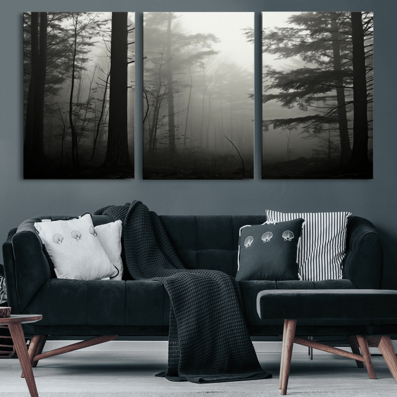 63515-MGV-CV-60X30-3P-Misty Forest Wall Art Premium Canvas Print a Foggy and Serene Atmosphere - Nature Wall Art