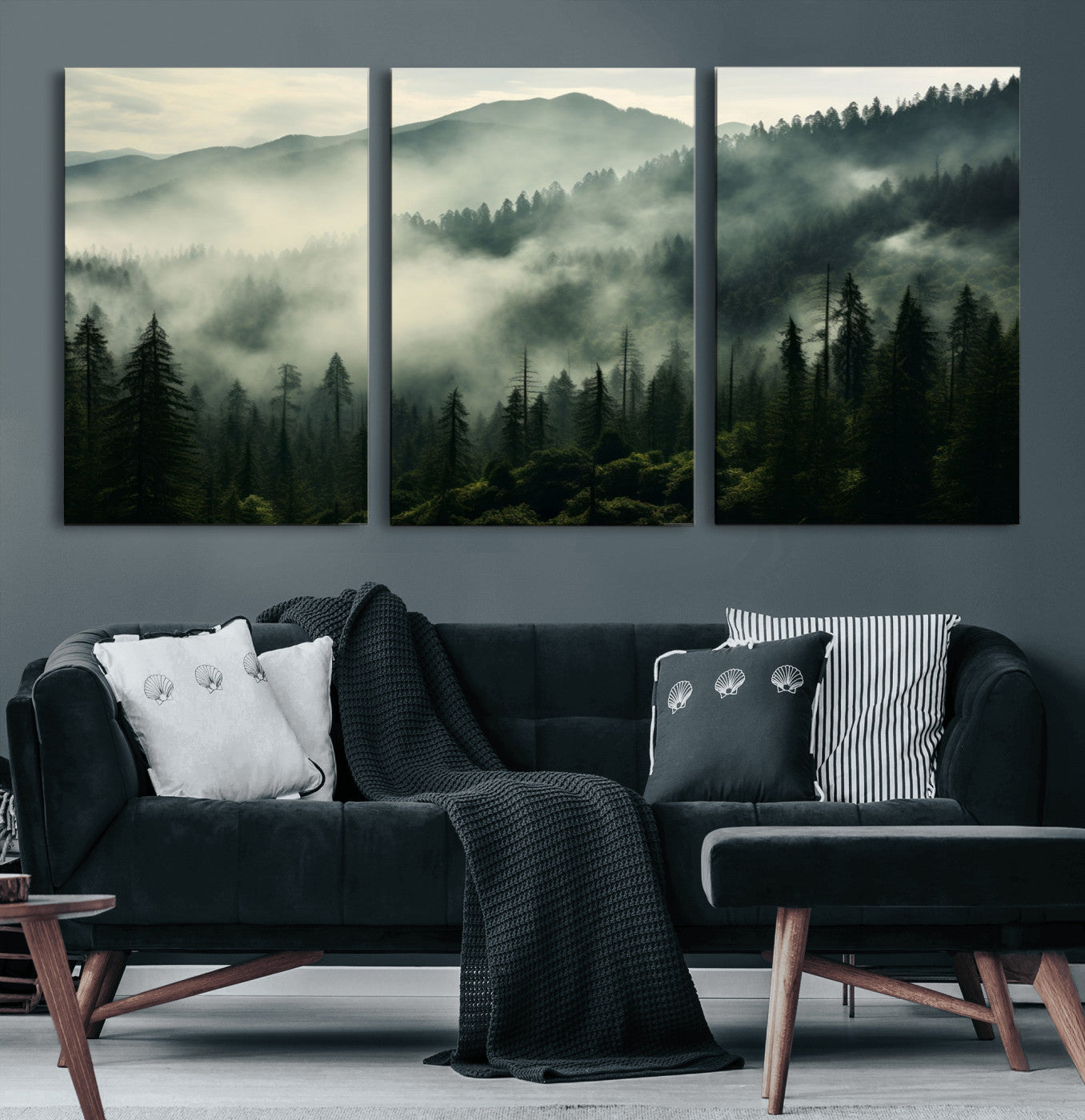25295-MGV-CV-60X30-3P-Captivating Misty Forest Wall Art Premium Canvas Print a Foggy and Serene Atmosphere