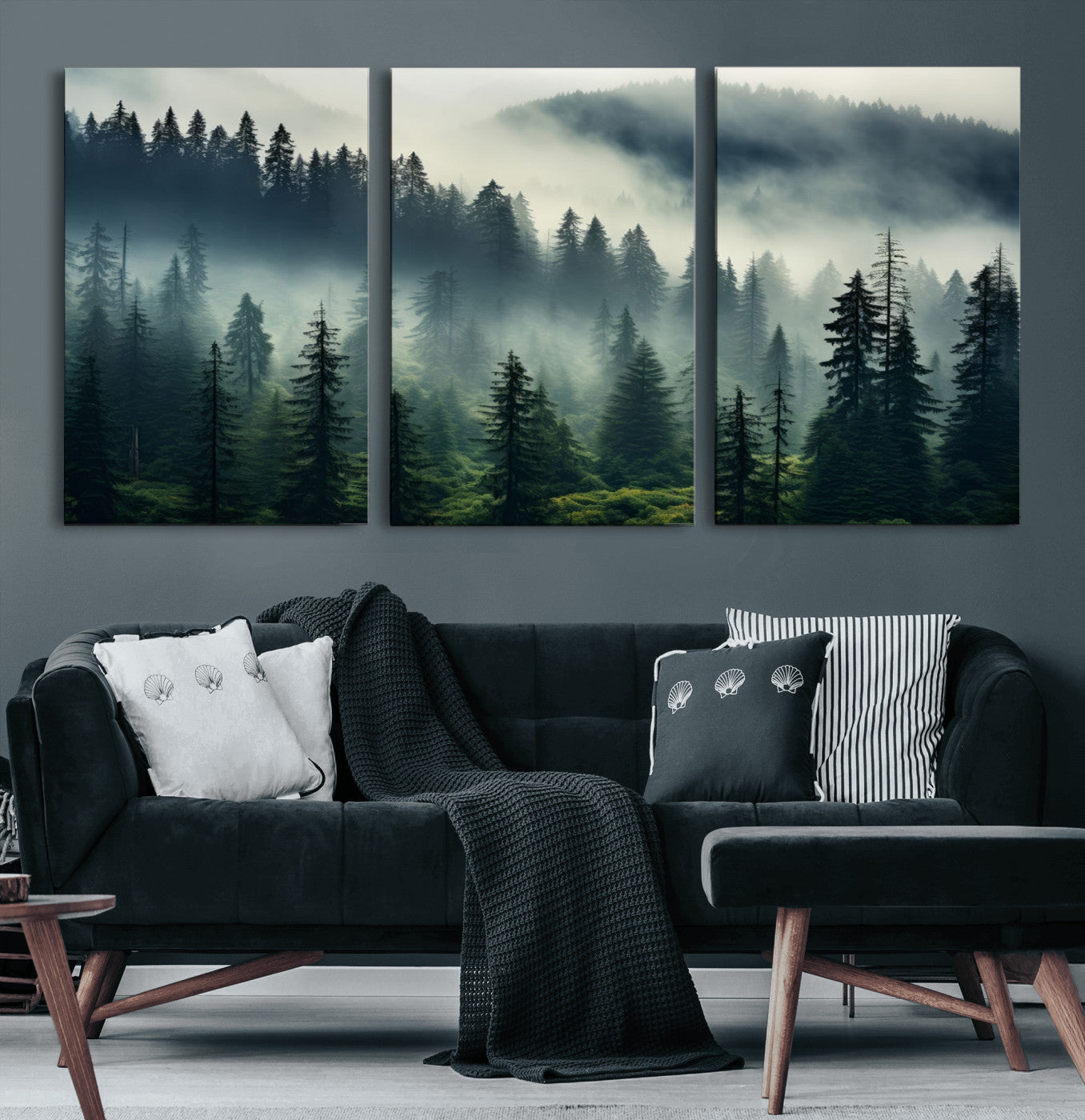 48606-MGV-CV-60X30-3P-Captivating Misty Forest Wall Art Premium Canvas Print a Foggy and Serene Atmosphere