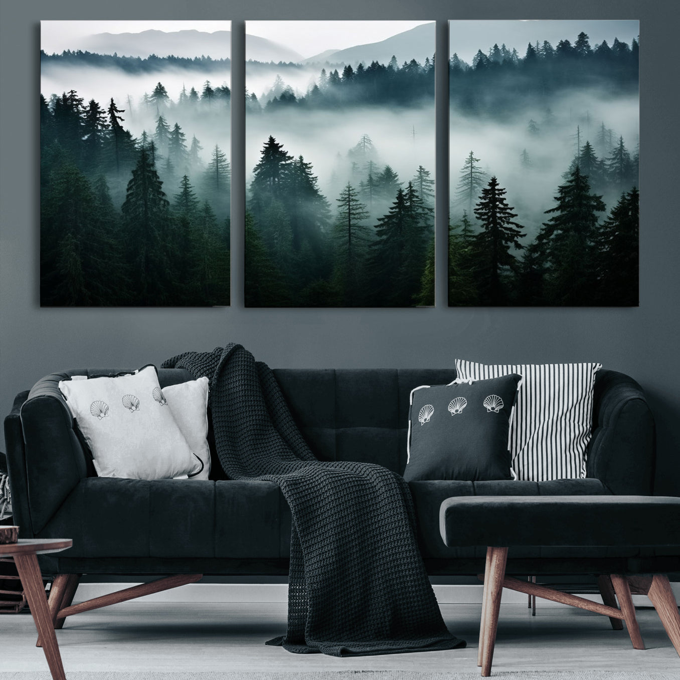 90079-MGV-CV-60X30-3P-Captivating Misty Forest Wall Art Canvas, Premium Canvas Print a Foggy and Serene Atmosphere