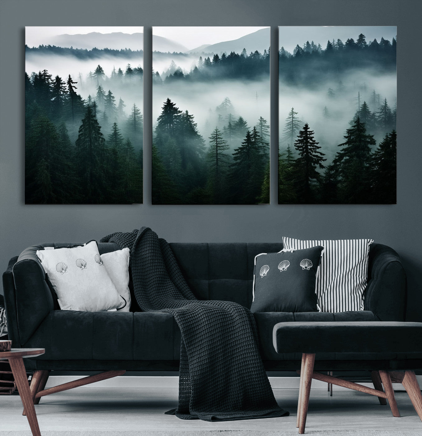 90079-MGV-CV-60X30-3P-Captivating Misty Forest Wall Art Canvas, Premium Canvas Print a Foggy and Serene Atmosphere