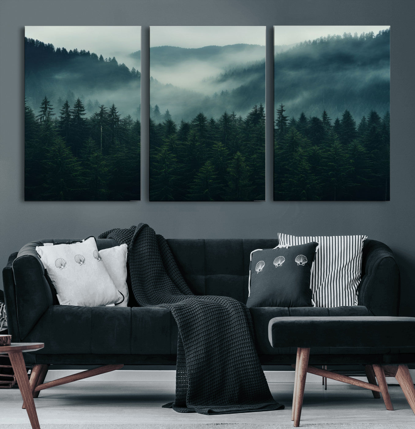 95647-MGV-CV-60X30-3P-Captivating Misty Forest Wall Art Premium Canvas Print, Foggy and Serene Atmosphere Wall Art Canvas