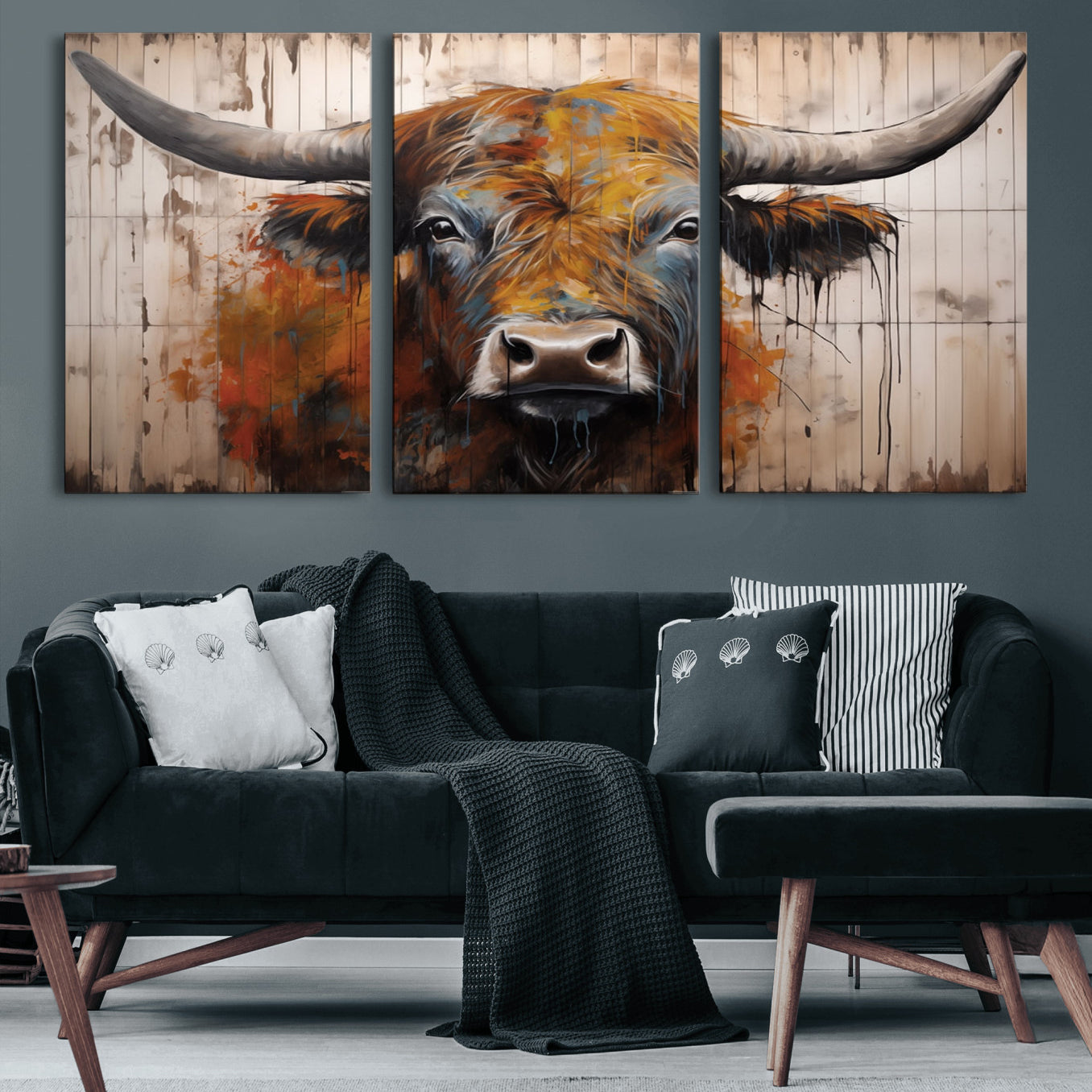47284-MGV-CV-60X30-3P-Scottish Highland Cow Cattle Art Print on Wood Style Background