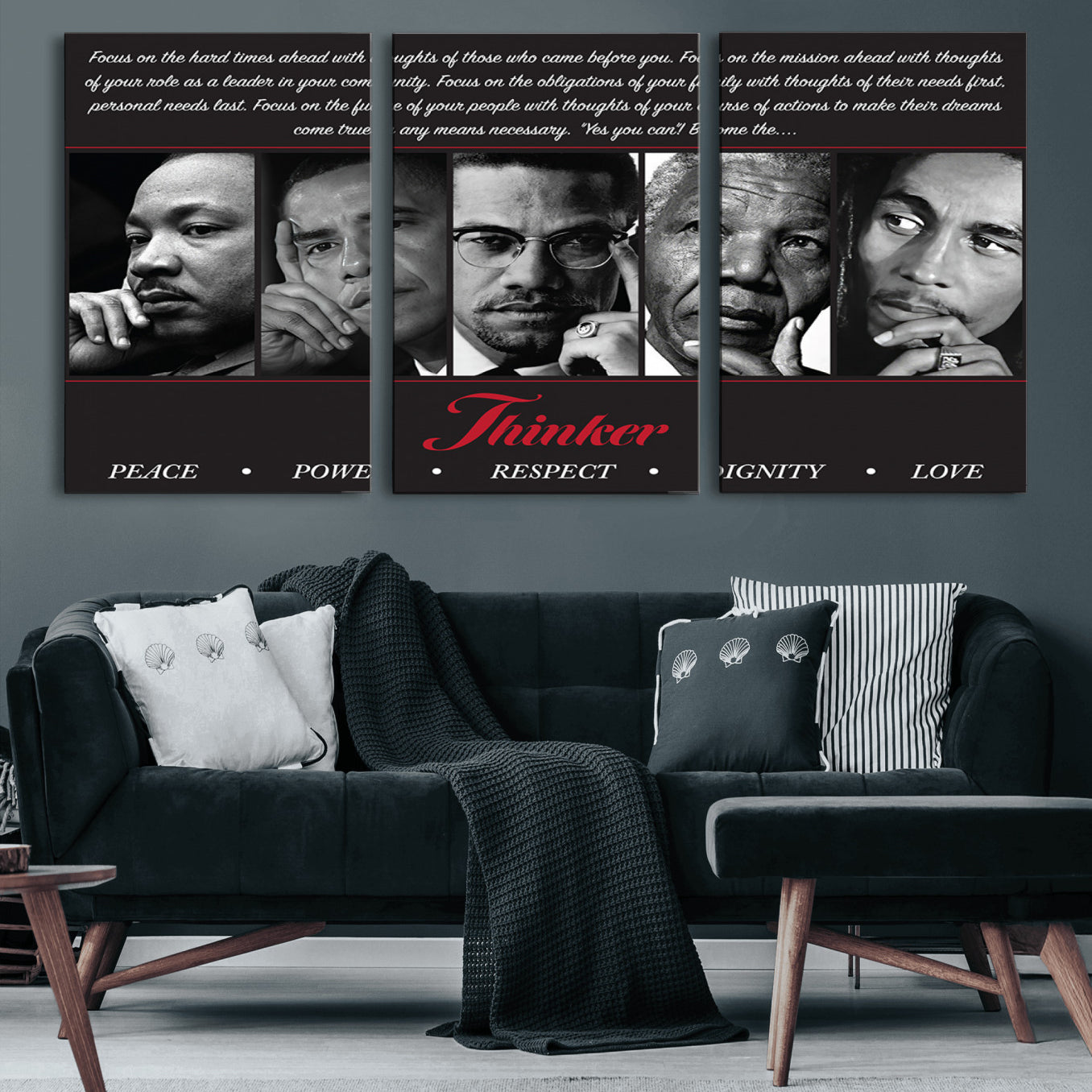 45112-MGV-CV-60X30-3P-Thinker Quintet Canvas Wall Art – Martin, Obama, Malcolm X, Mandela, Marley Featuring Peace, Power,