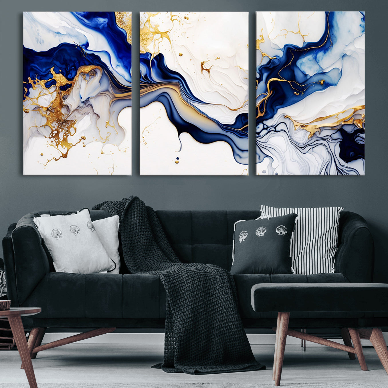 93392-MGV-CV-60X30-3P-Golden Cascades on Midnight Blue – Deep Blue Abstract Wall Art Flowing Elegance | Wall Art Canvas,