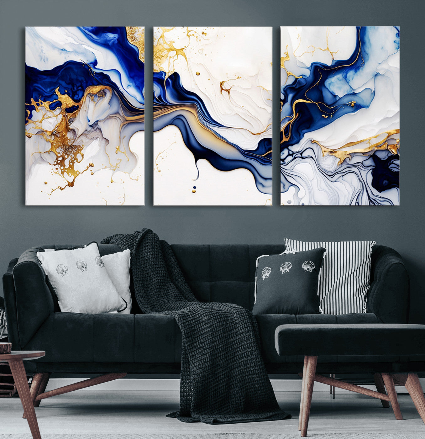 93392-MGV-CV-60X30-3P-Golden Cascades on Midnight Blue – Deep Blue Abstract Wall Art Flowing Elegance | Wall Art Canvas,