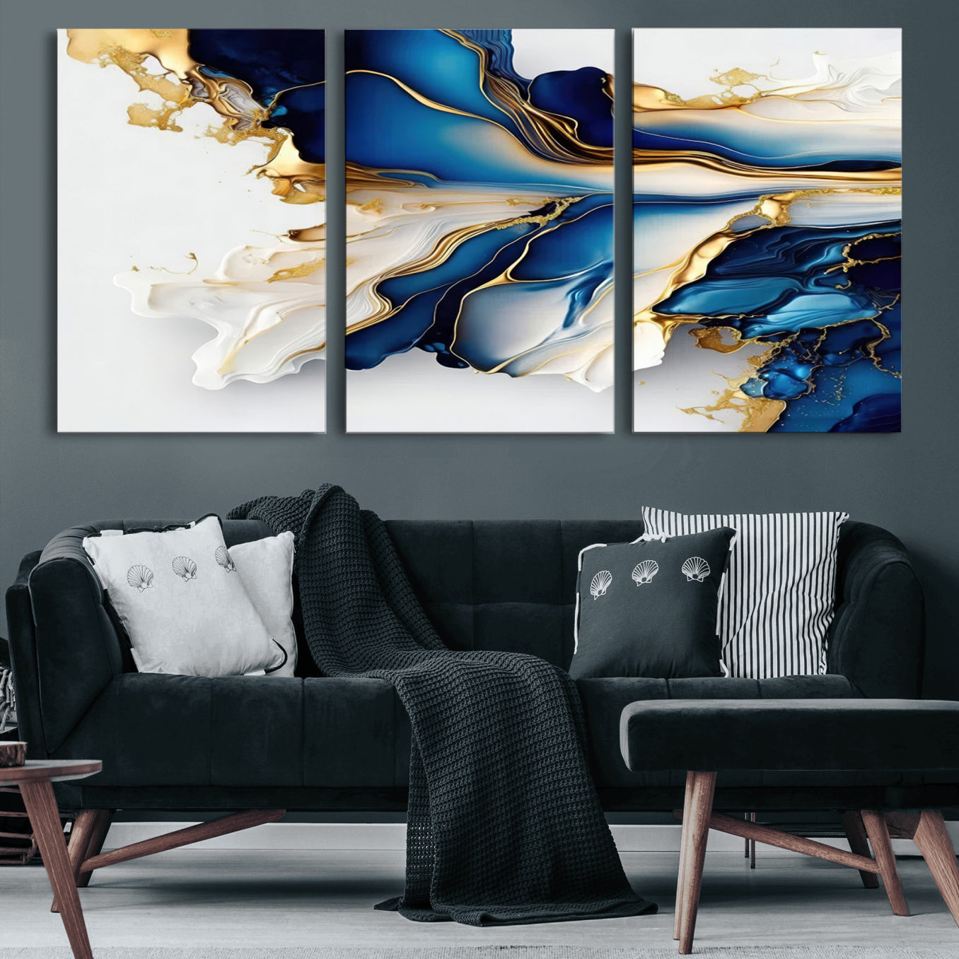 65693-MGV-CV-60X30-3P-Gold Marble Art - Abstract Geode Gold And Blue Marble Shape 3 Pieces Wall Art Canvas Print