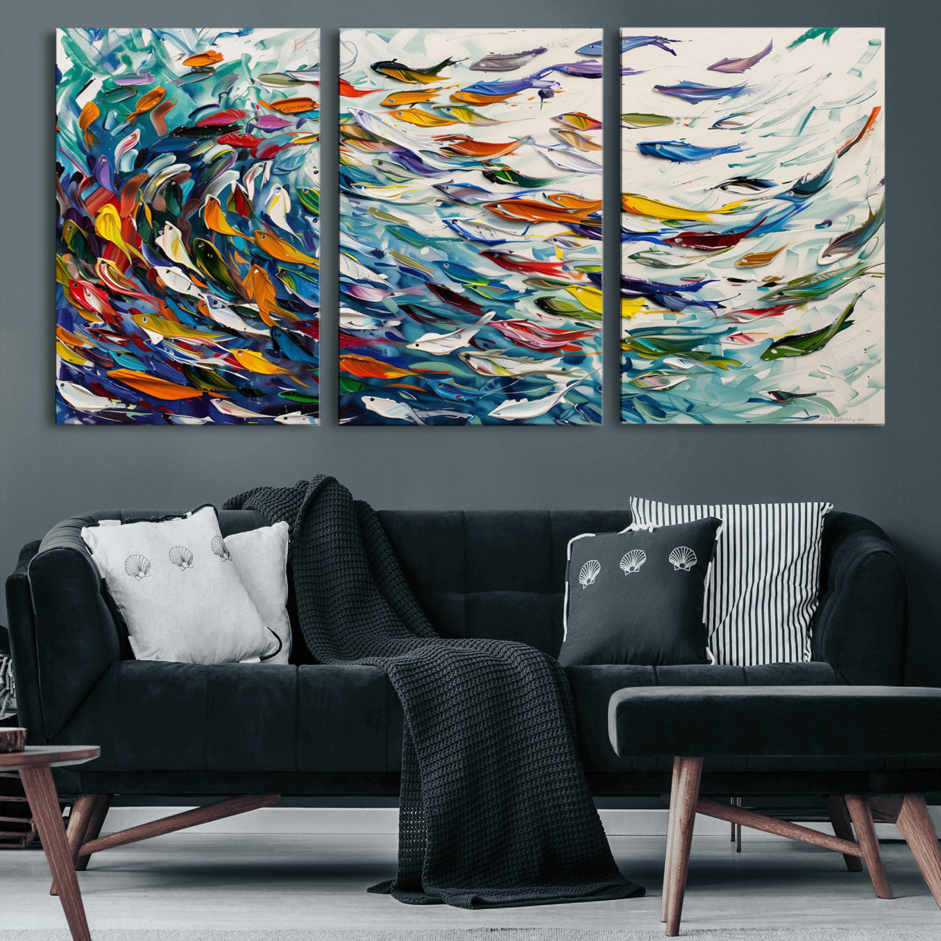 80105-MGV-CV-60X30-3P-Modern Abstract Fish Shoal Wall Art Canvas Print, Colorful Fish Herd Painting on Canvas Print, Ocean