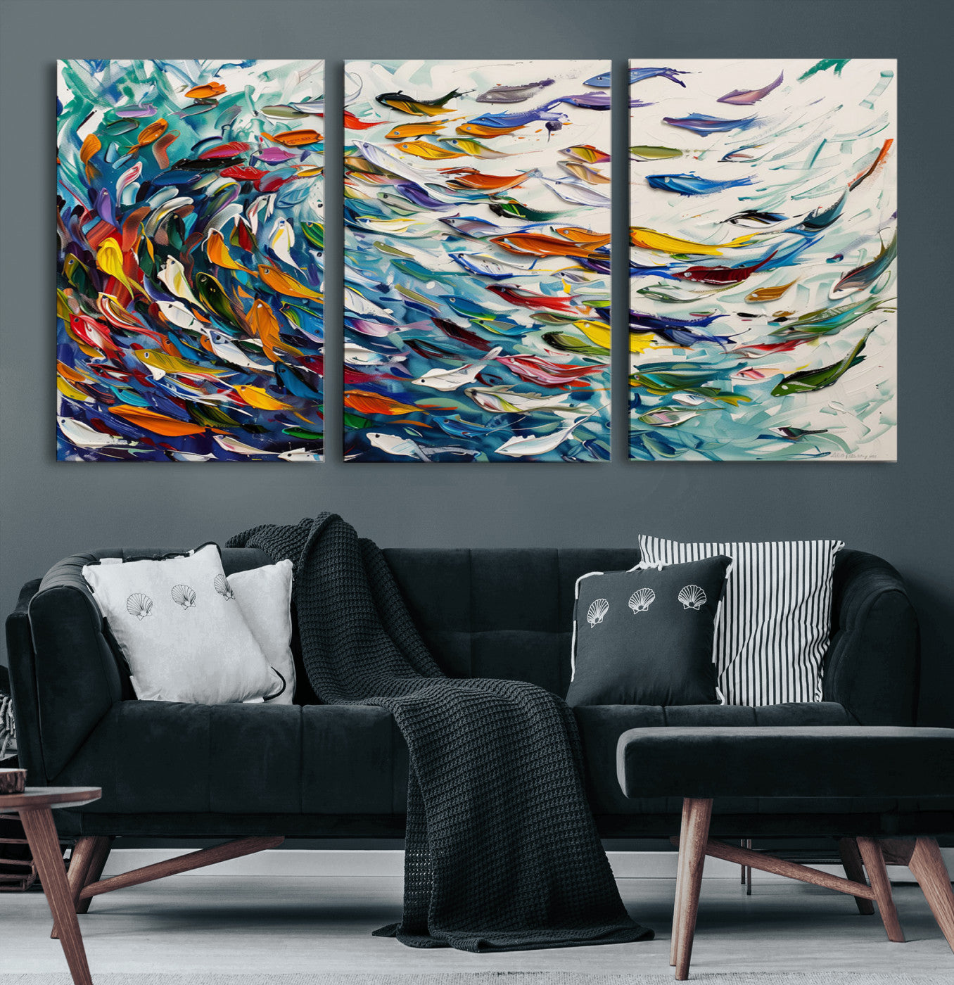 80105-MGV-CV-60X30-3P-Modern Abstract Fish Shoal Wall Art Canvas Print, Colorful Fish Herd Painting on Canvas Print, Ocean