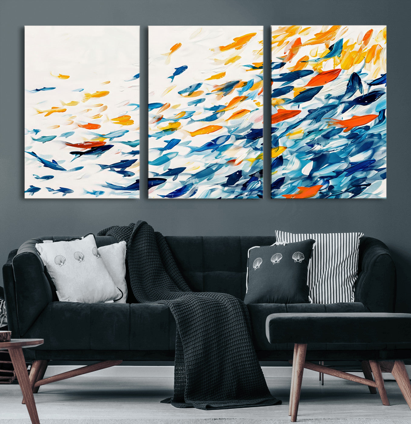 84837-MGV-CV-60X30-3P-Abstract Fish Shoal Wall Art Canvas Print, Colorful Fish Herd Painting on Canvas Print, Ocean Animal