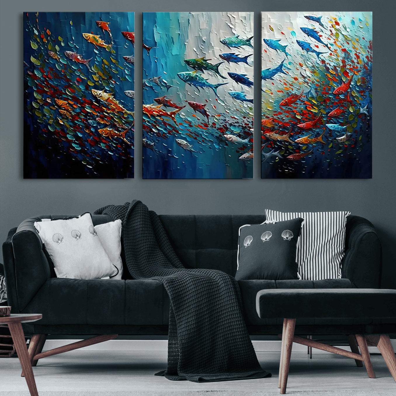 89626-MGV-CV-60X30-3P-Modern Abstract Fish Shoal Wall Art Canvas Print, Colorful Fish Herd Painting on Canvas Print, Ocean