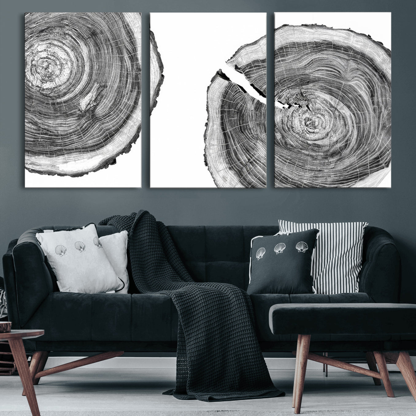23016-MGV-CV-60X30-3P-Modern Black and White Tree Rings Canvas Wall Art – Nature Inspired Wood Slice Print – Minimalist