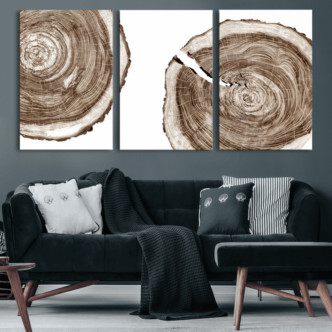 43743-MGV-CV-36X24-Wood Tree Ring Wall Art Canvas Prints, Tree Rings – Minimalist Black and White Wood Art | Triptych
