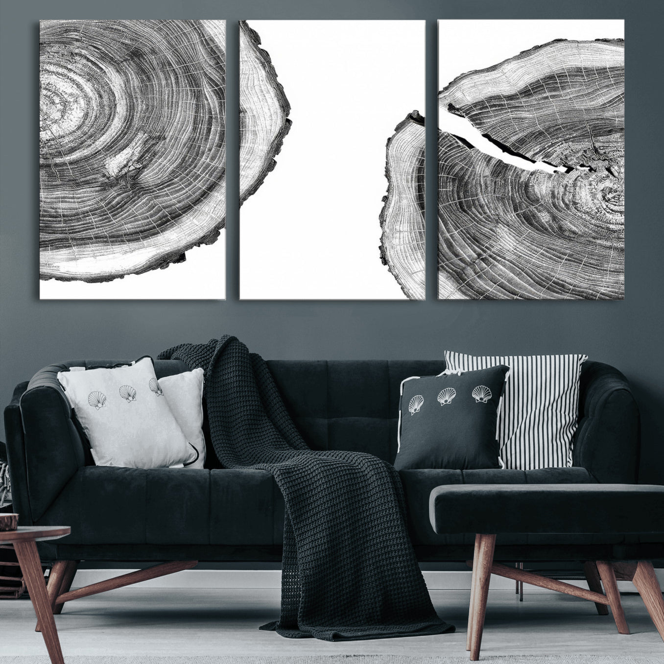 52770-MGV-CV-60X30-3P-Abstract Large Tree Rings – Minimalist Black and White Wood Art | Triptych Canvas, Modern Wall Decor